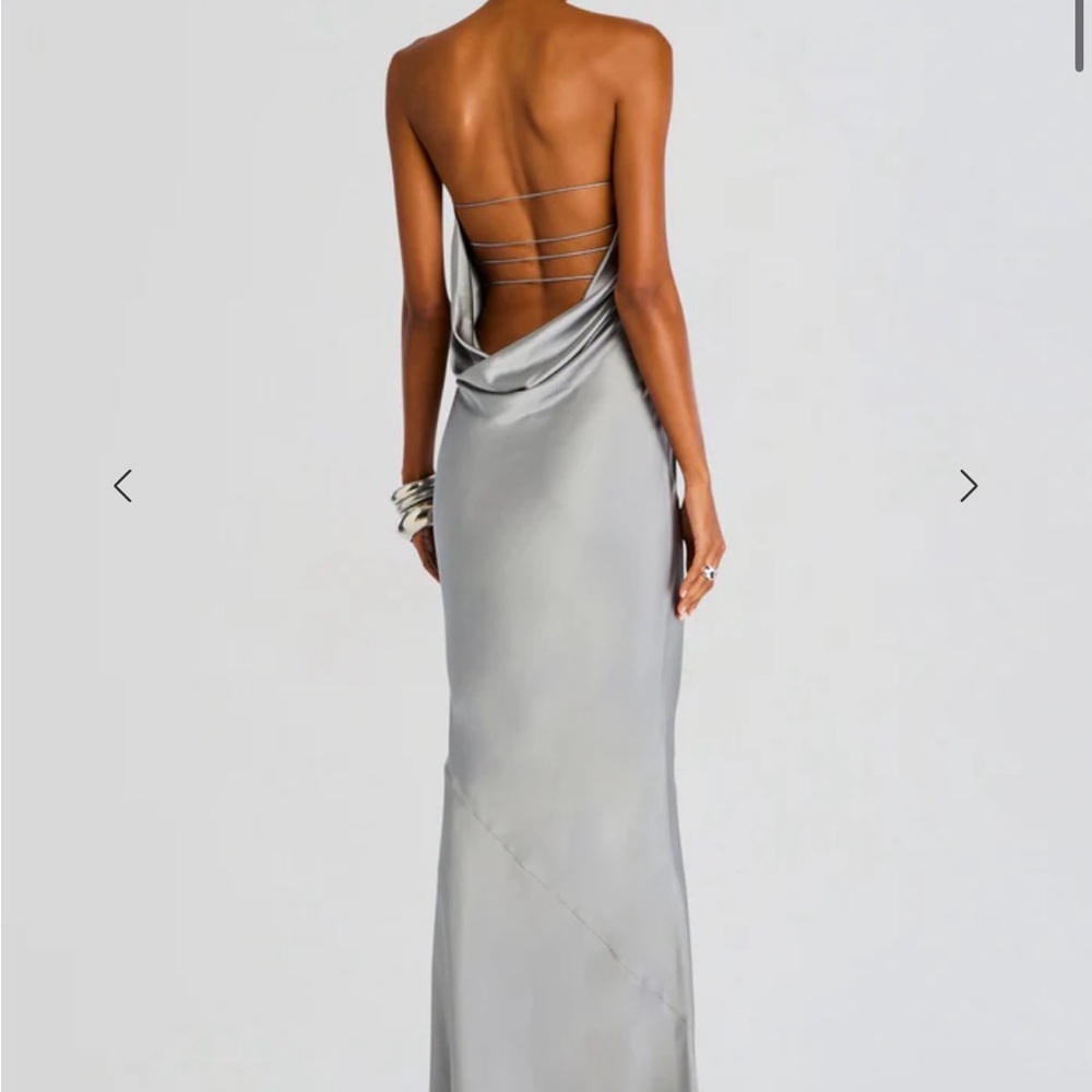 Retrofete Silver Backless Cowl-Back Satin Gown